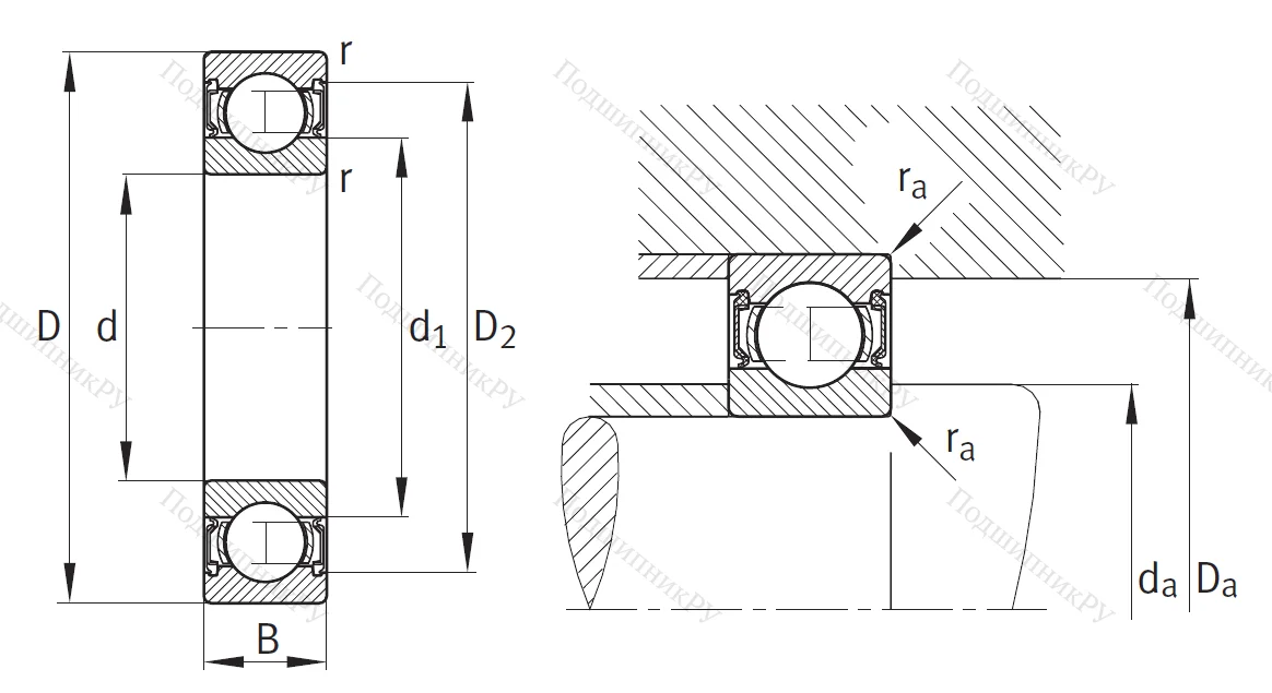 Однорядный шариковый подшипник 62303 A 2RSR